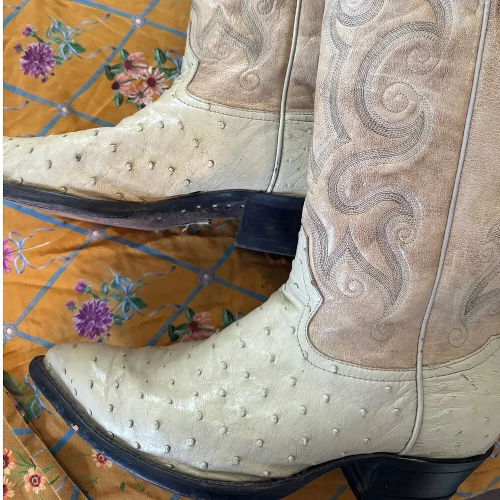 Vintage Tony Lama 8863 Full Quill Ostrich Cowboy Boots Bone Ivory USA Men 8.5 EE